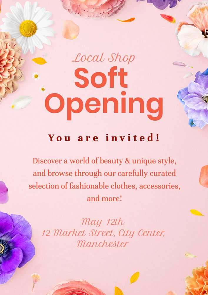 Soft opening poster template, editable text and design