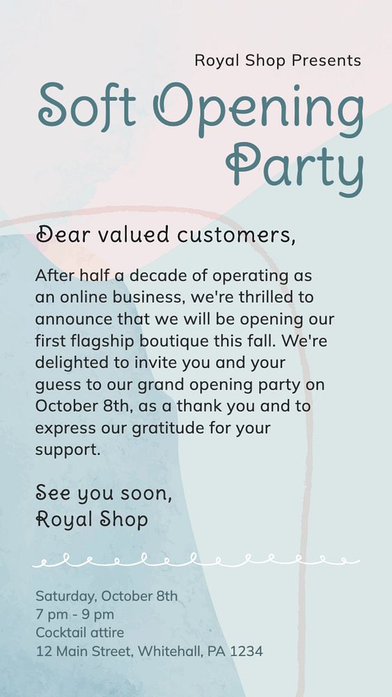 Soft opening party Instagram story template, editable text