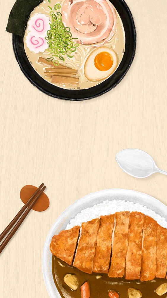 Japanese food iPhone wallpaper, ramen noodle illustration, editable design