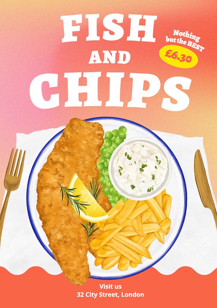 Fish and chips   poster template, editable text and design