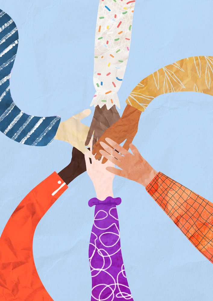 Abstract diverse hands united, paper craft collage, editable design