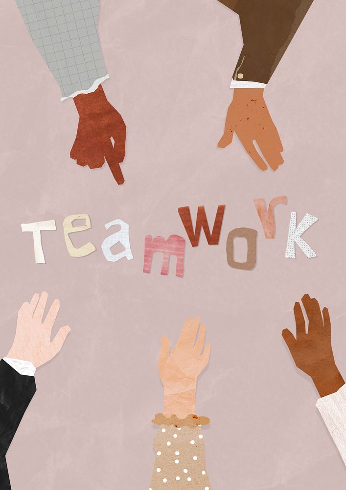 Teamwork word, paper diverse hands united collage, editable design