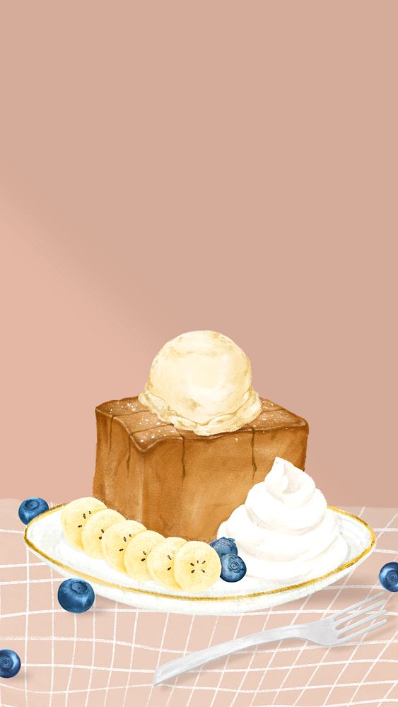 Banana honey toast iPhone wallpaper, dessert illustration, editable design