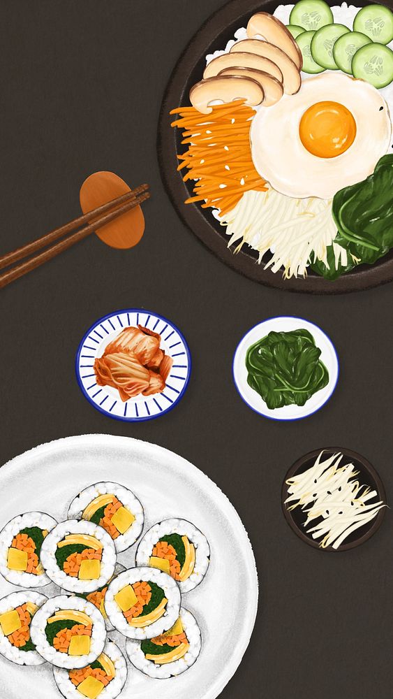 Korean food iPhone wallpaper, Asian cuisine illustration, editable design