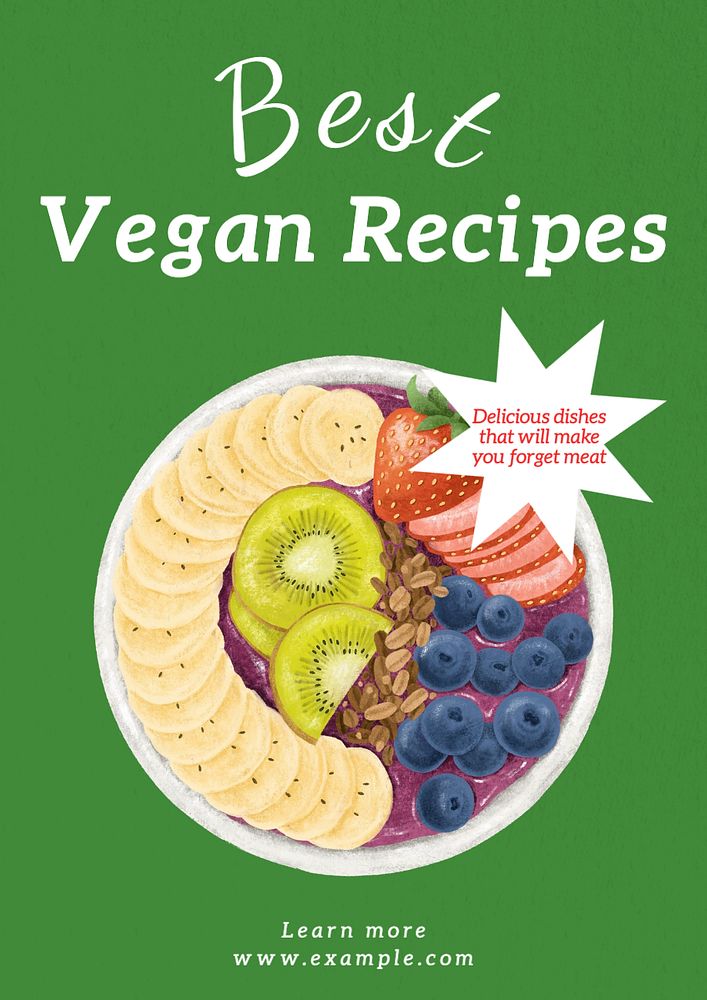 Best vegan recipes poster template, editable text and design