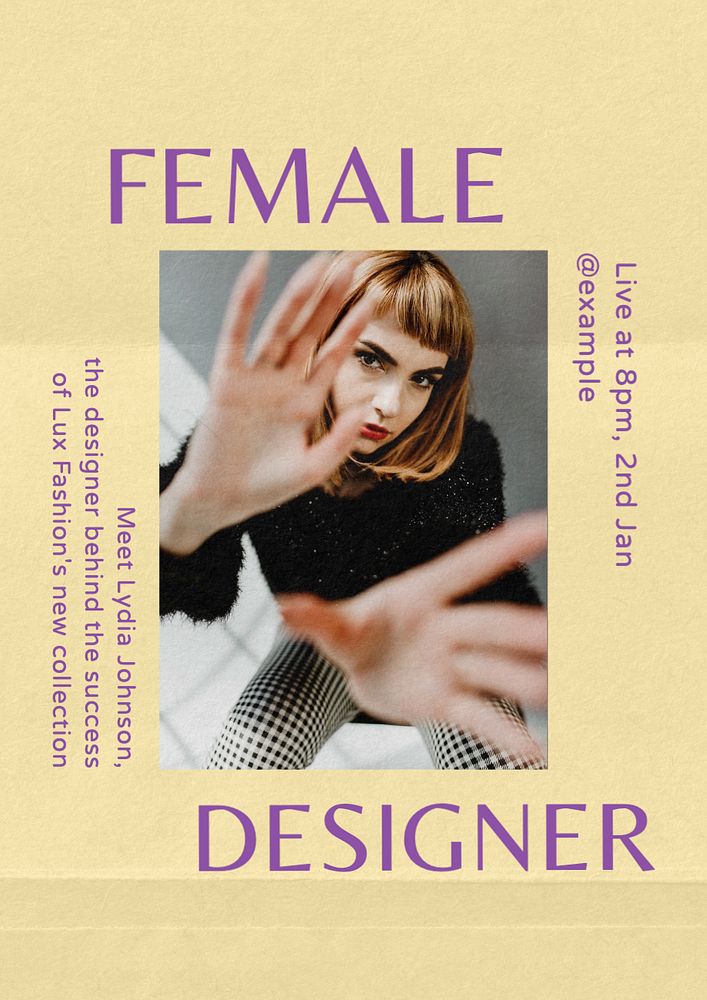 Female designer poster template, editable text and design