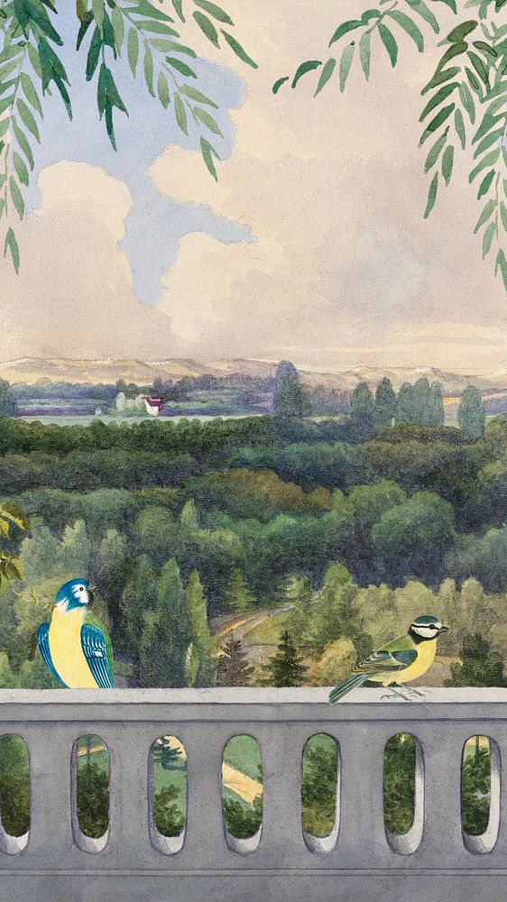 Birds at balcony mobile wallpaper, editable watercolor design