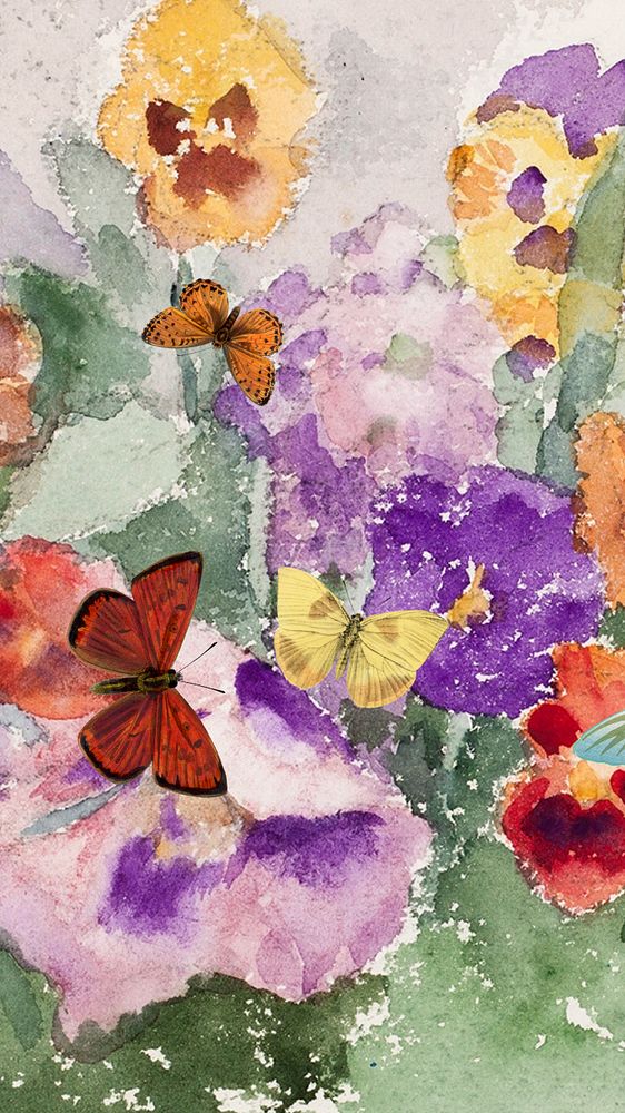 Butterflies and flowers mobile wallpaper, editable watercolor design