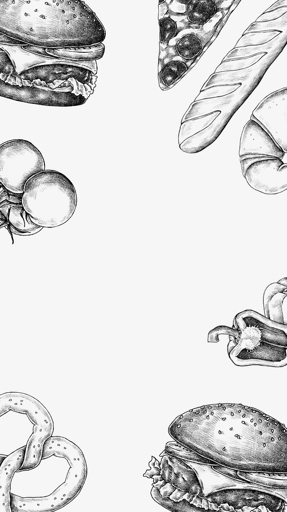 Fast food illustration, black and white iPhone wallpaper, editable design