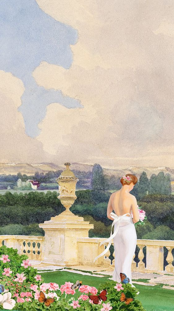 Bride at balcony mobile wallpaper, editable watercolor design