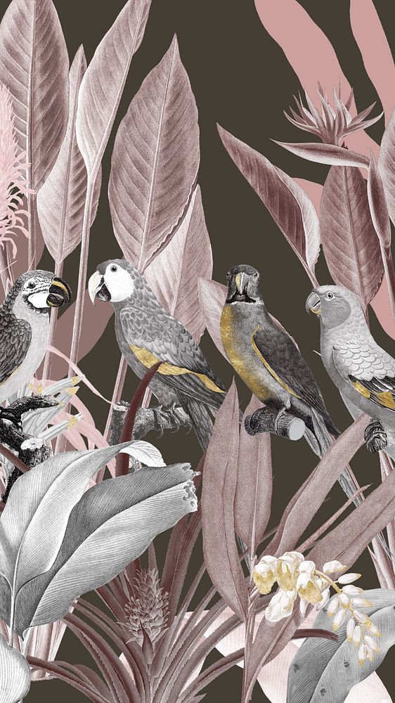 Parrots iPhone wallpaper, vintage illustration, editable design