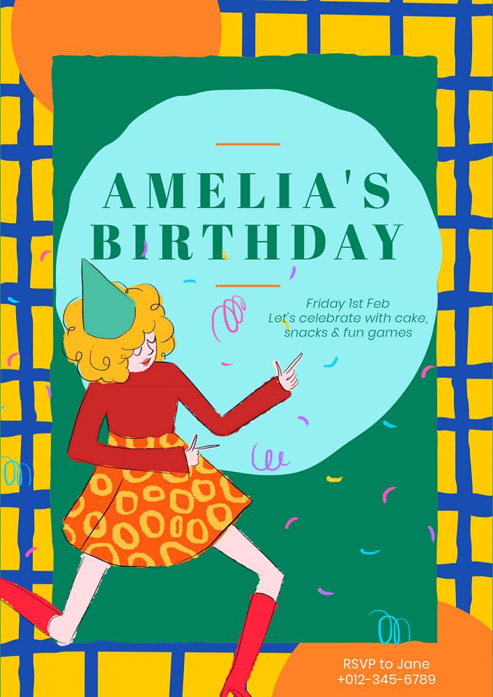 Birthday party poster template, editable text & design