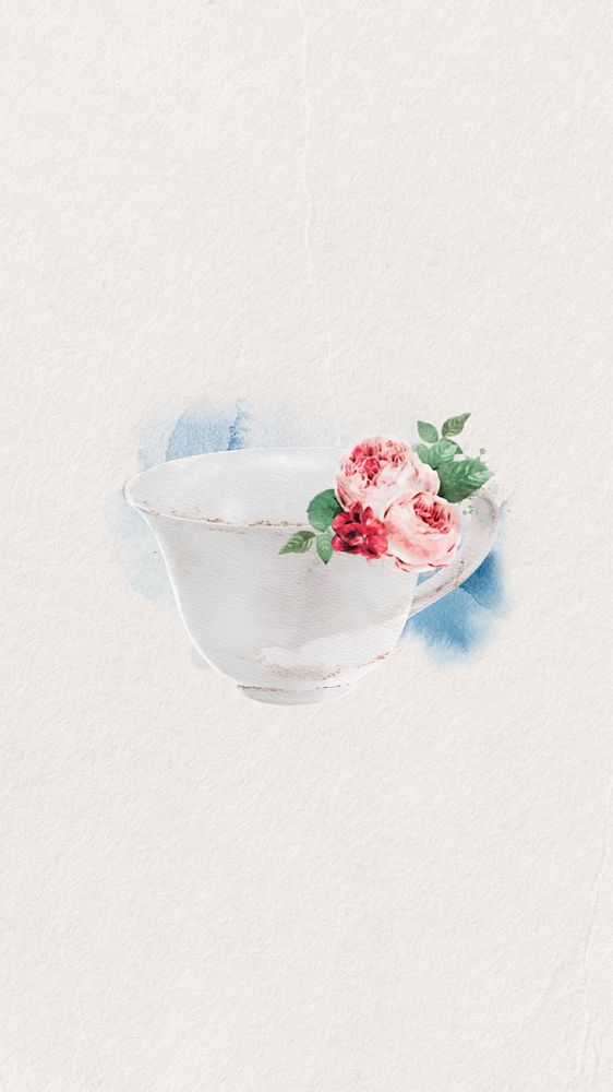 Editable watercolor teacup mobile wallpaper, remix design