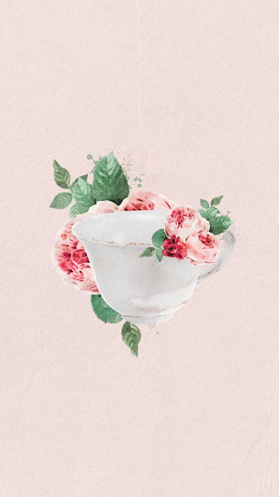 Editable watercolor teacup mobile wallpaper, remix design