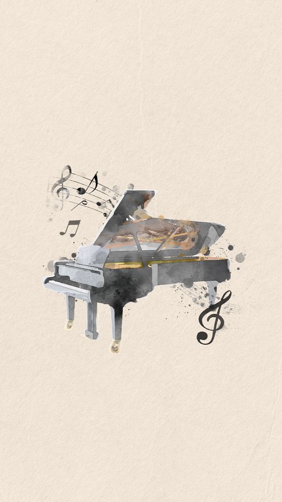 Watercolor grand piano mobile wallpaper, editable remix design