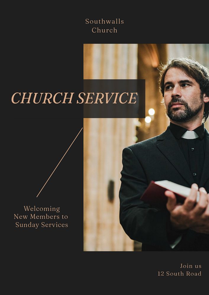 Church service poster template, editable text & design