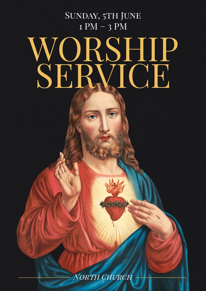 Worship service poster template, editable text & design