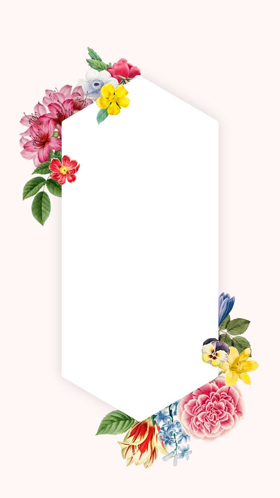 Floral hexagon frame mobile wallpaper, editable botanical illustration