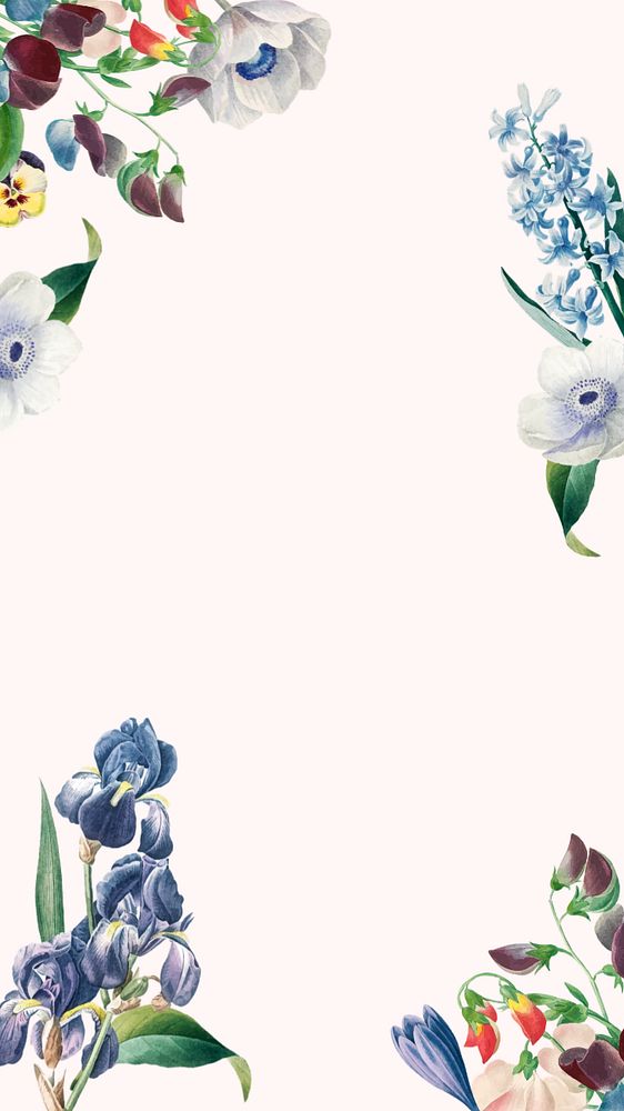 Blue flower border mobile wallpaper, editable botanical design