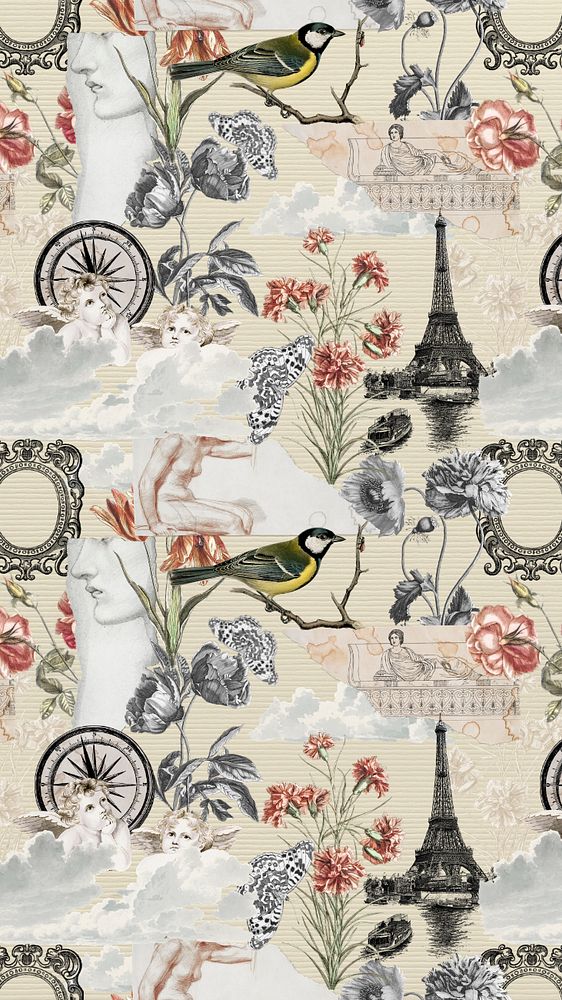 Aesthetic ephemera pattern mobile wallpaper, editable vintage design