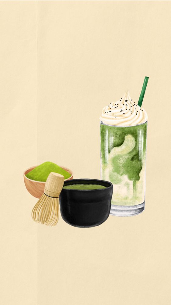 Matcha drink, beige iPhone wallpaper, editable design