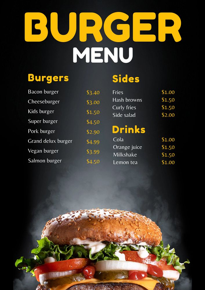 Burger menu poster template, editable text and design