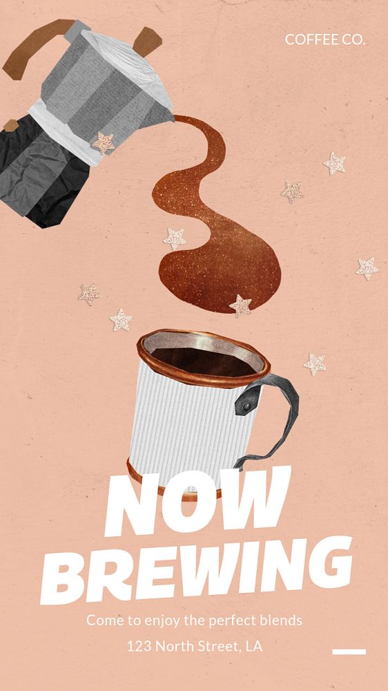 Now brewing, cafe Instagram story template, editable text