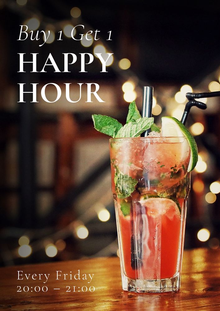 Happy hour poster template, editable text & design