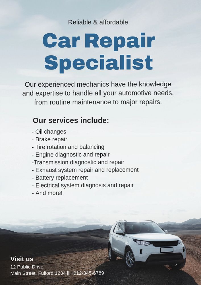 Car repair specialist poster template, editable text and design