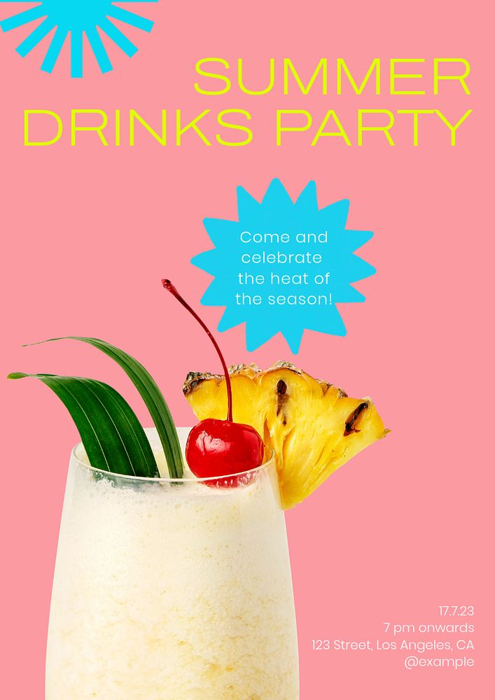 Summer drinks party poster template, editable text & design