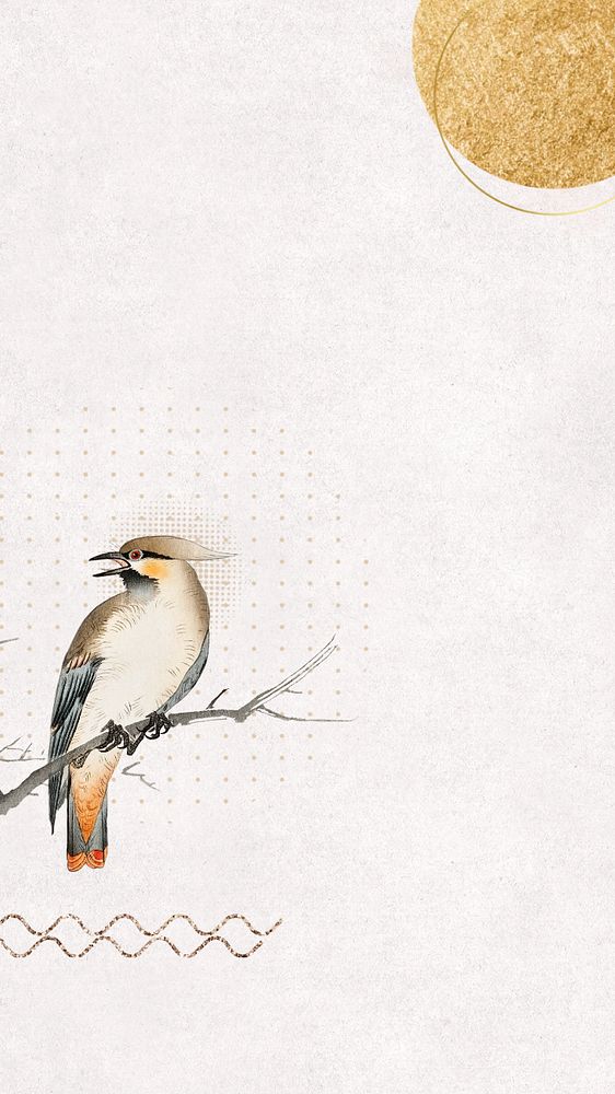 Aesthetic Japanese bird iPhone wallpaper, beige textured editable design