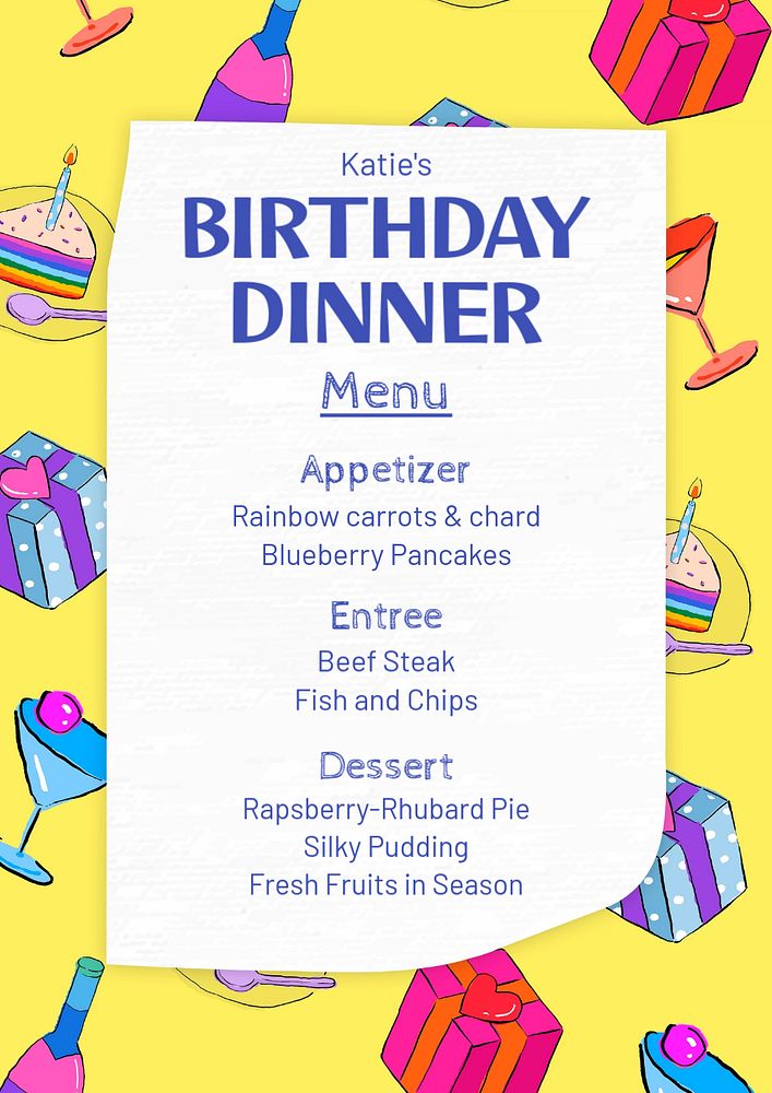 Birthday dinner menu poster template, editable text & design