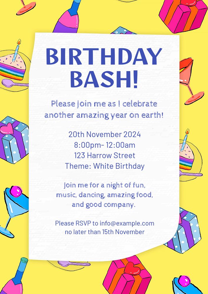 Birthday party invitation poster template, editable text & design