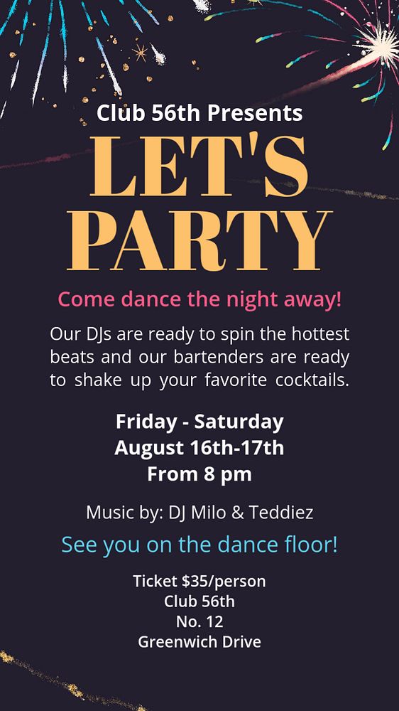 Let's party Instagram story template, editable text