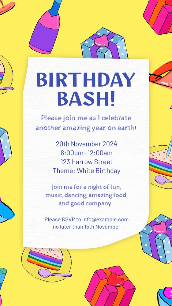 Birthday party invitation Instagram story template, editable text