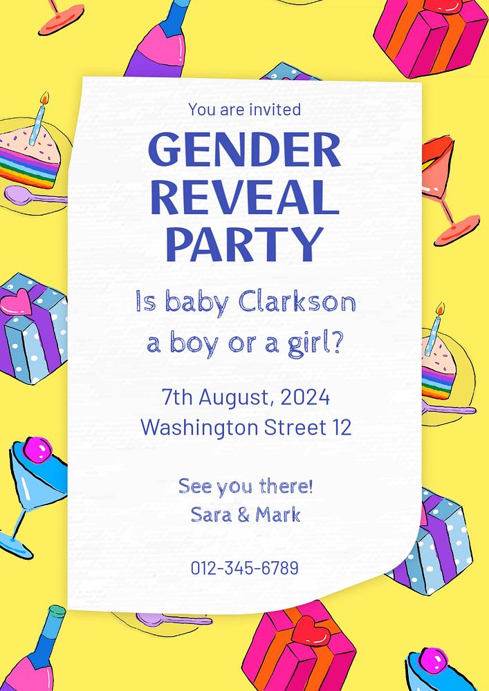 Gender reveal party poster template, editable text & design