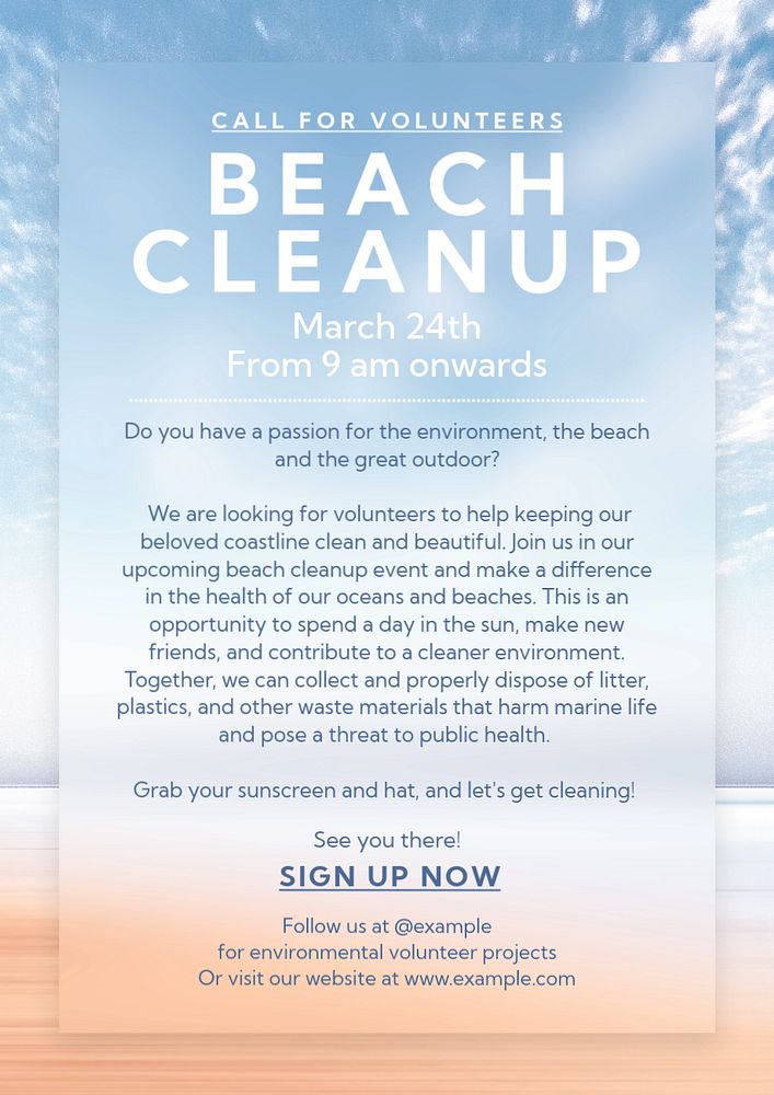 Beach cleanup poster template, editable text and design