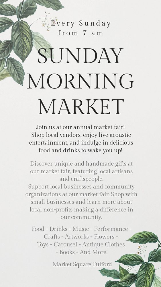 Sunday morning market Instagram story template, editable text