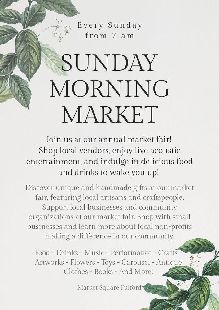 Sunday morning market poster template, editable text & design