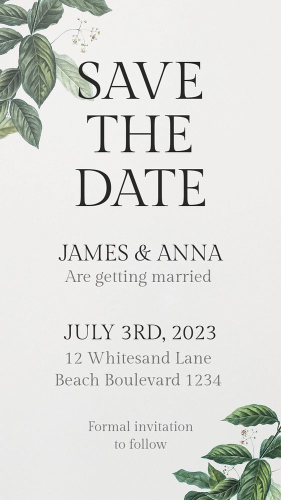 Save the date Instagram story template, editable text