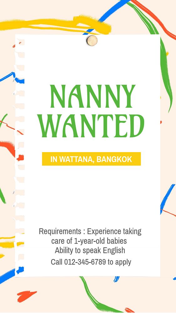 Nanny wanted Instagram story template, editable text