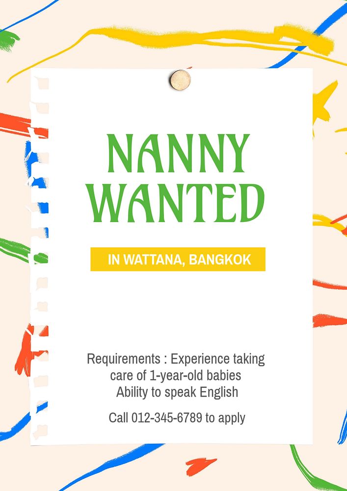 Nanny wanted poster template, editable text and design