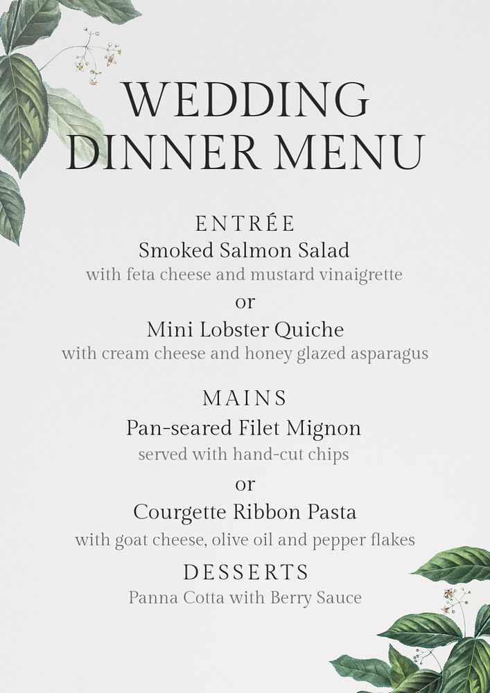 Wedding dinner menu poster template, editable text & design