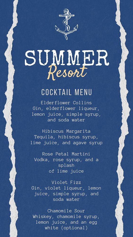 Cocktail menu Instagram story template, editable text