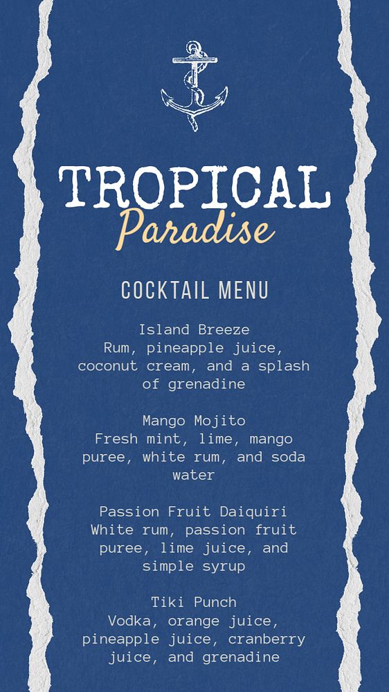 Cocktail menu Instagram story template, editable text