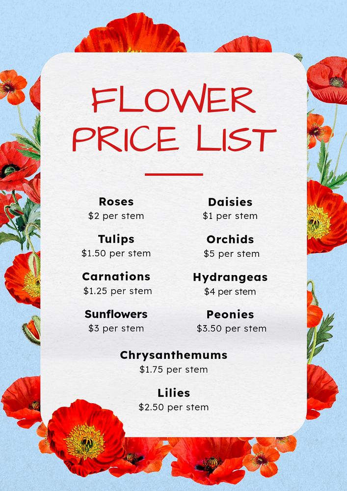 Flower price list poster template, editable text & design