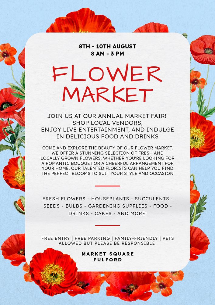 Flower market poster template, editable text & design