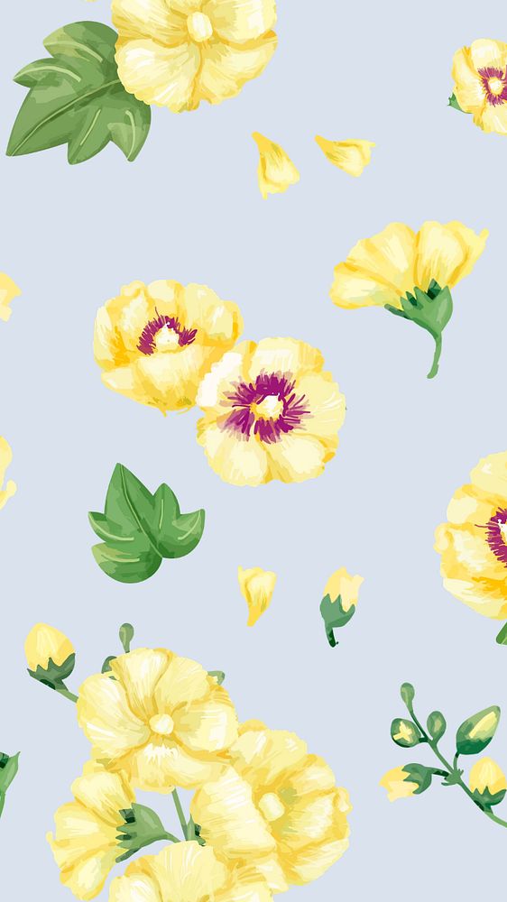 Yellow hollyhocks pattern mobile wallpaper, editable watercolor flower design