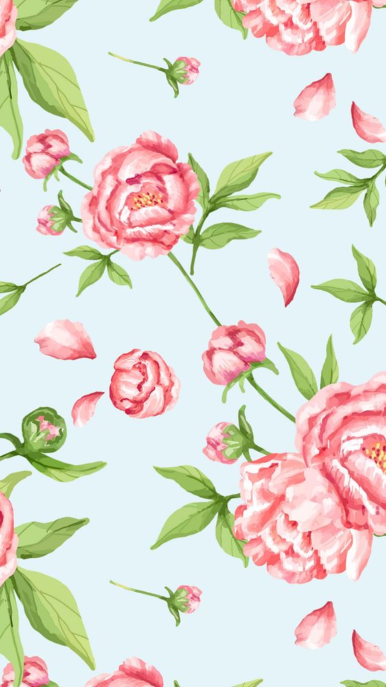 Pink peony pattern mobile wallpaper, editable watercolor flower design