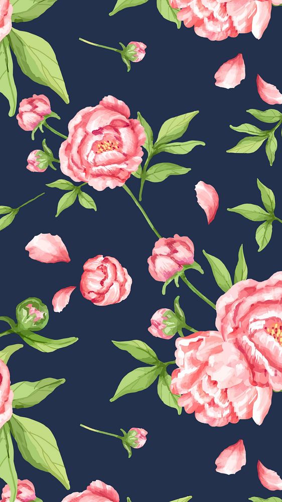 Pink peony pattern mobile wallpaper, editable watercolor flower design